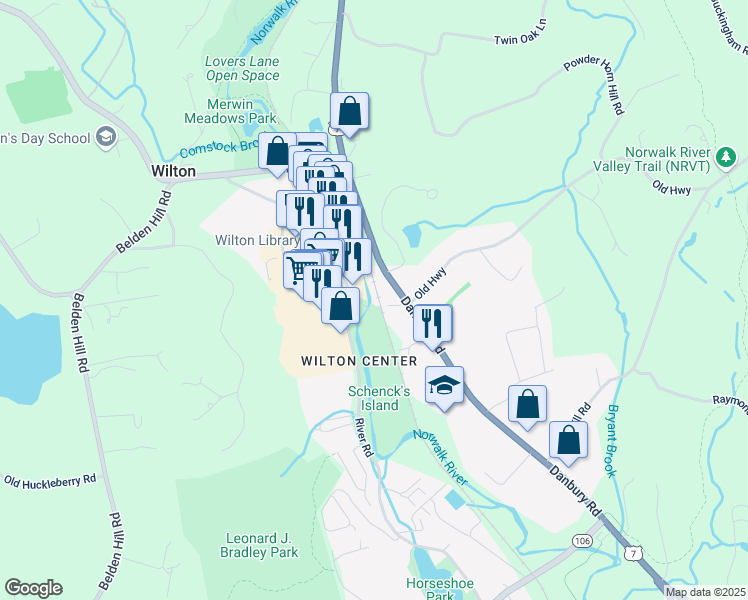 map of restaurants, bars, coffee shops, grocery stores, and more near 202 Old Ridgefield Road in Wilton