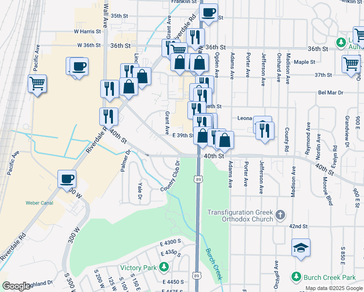 map of restaurants, bars, coffee shops, grocery stores, and more near 3945 Washington Boulevard in South Ogden