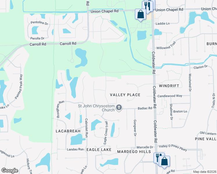 map of restaurants, bars, coffee shops, grocery stores, and more near 11595 Talis Park Way in Fort Wayne