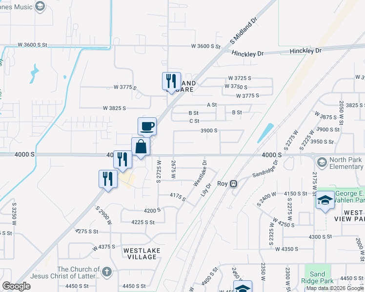 map of restaurants, bars, coffee shops, grocery stores, and more near 2655 West 3950 South in Roy