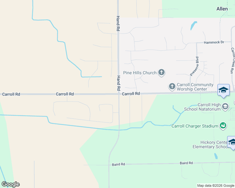 map of restaurants, bars, coffee shops, grocery stores, and more near 5100 Carroll Road in Fort Wayne