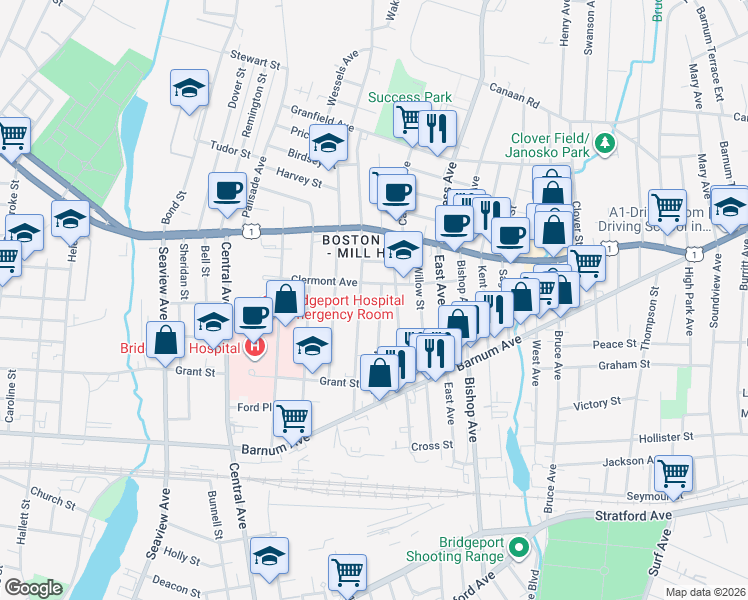 map of restaurants, bars, coffee shops, grocery stores, and more near 265 Prince Street in Bridgeport