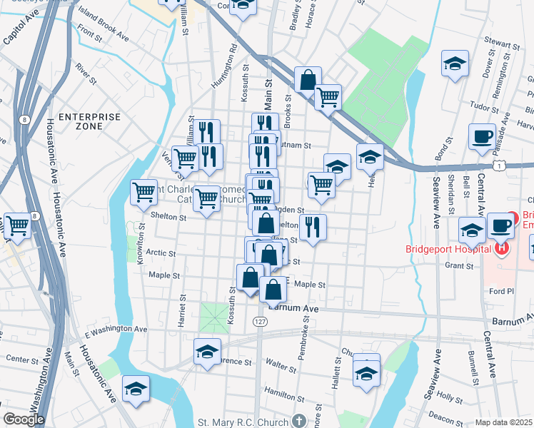 map of restaurants, bars, coffee shops, grocery stores, and more near 1214 East Main Street in Bridgeport