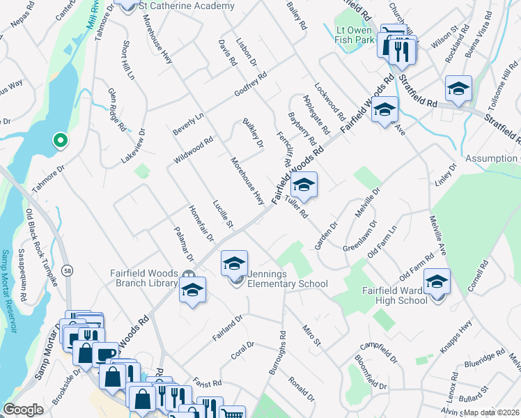 map of restaurants, bars, coffee shops, grocery stores, and more near 20 Morehouse Highway in Fairfield