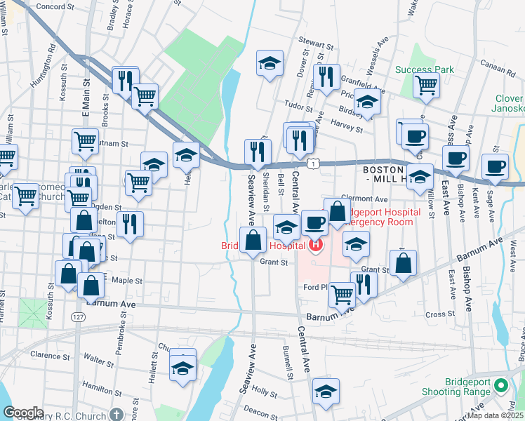 map of restaurants, bars, coffee shops, grocery stores, and more near 2084 Seaview Avenue in Bridgeport