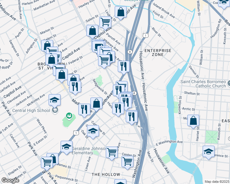 map of restaurants, bars, coffee shops, grocery stores, and more near 2014 Main Street in Bridgeport