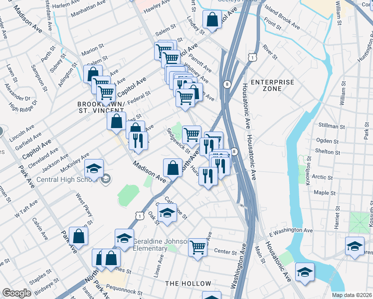 map of restaurants, bars, coffee shops, grocery stores, and more near 52 Sedgewick Street in Bridgeport