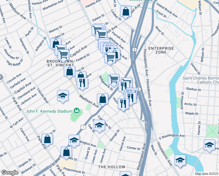 map of restaurants, bars, coffee shops, grocery stores, and more near 52 Sedgewick Street in Bridgeport