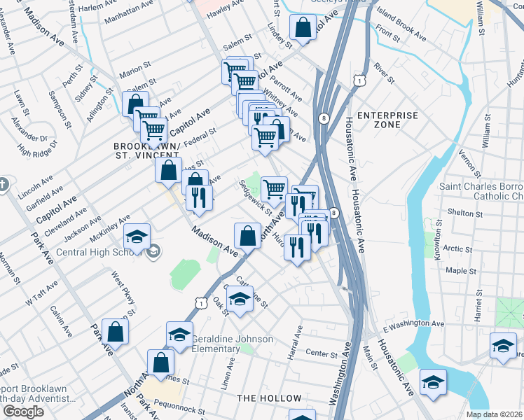 map of restaurants, bars, coffee shops, grocery stores, and more near 52 Sedgewick Street in Bridgeport