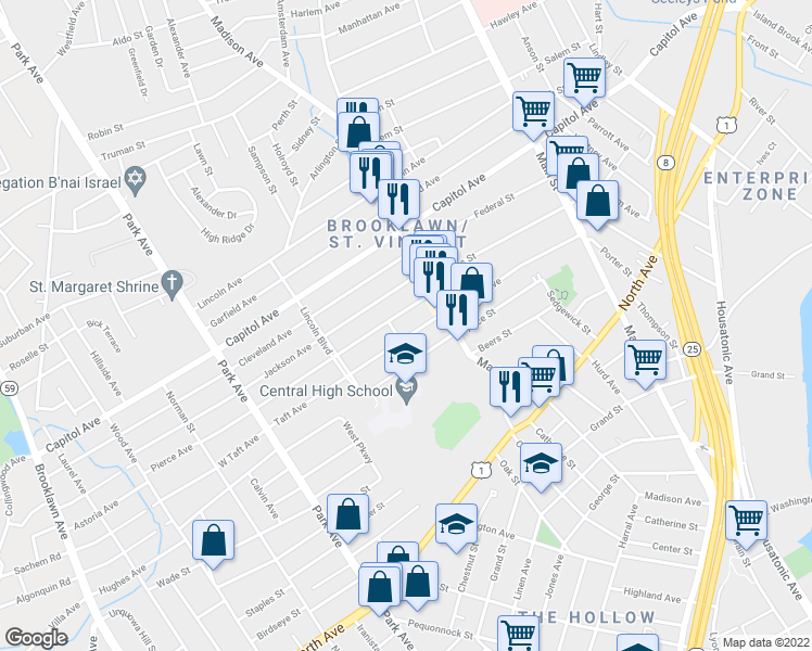map of restaurants, bars, coffee shops, grocery stores, and more near 93 McKinley Avenue in Bridgeport