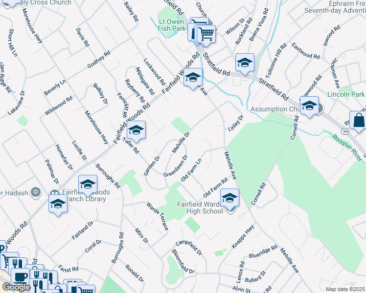 map of restaurants, bars, coffee shops, grocery stores, and more near 224 Melville Drive in Fairfield