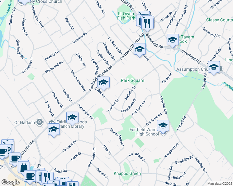 map of restaurants, bars, coffee shops, grocery stores, and more near 26 Garden Drive in Fairfield