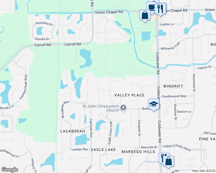 map of restaurants, bars, coffee shops, grocery stores, and more near 11595 Talis Park Way in Fort Wayne