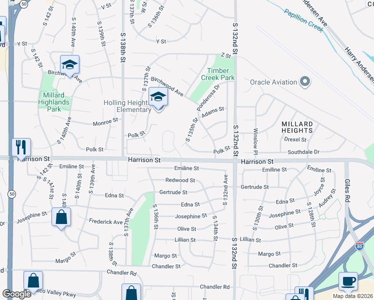 map of restaurants, bars, coffee shops, grocery stores, and more near 13436 Polk Street in Omaha