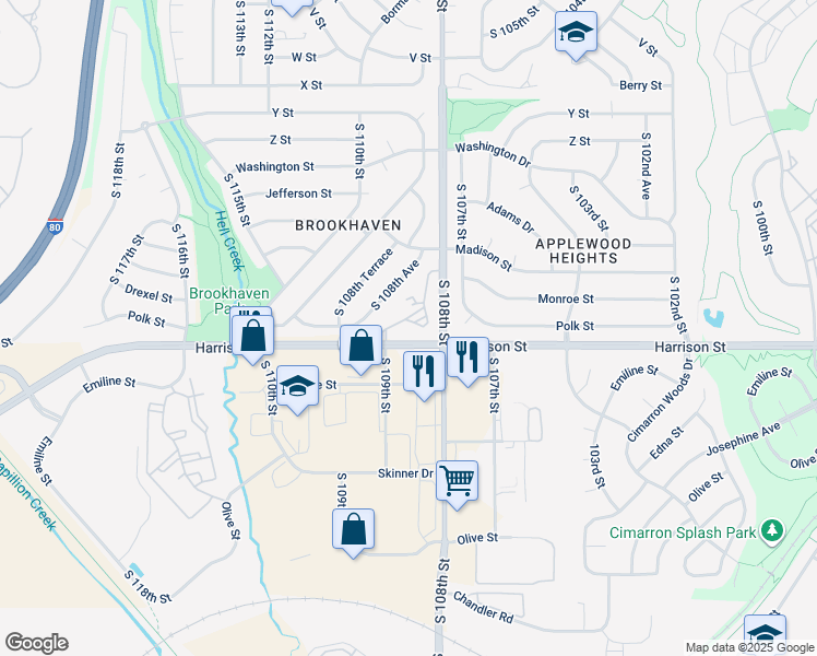 map of restaurants, bars, coffee shops, grocery stores, and more near 6823 South 108th Court in Omaha