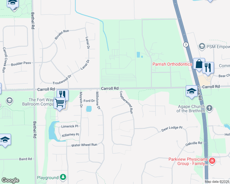 map of restaurants, bars, coffee shops, grocery stores, and more near 2629 Carroll Road in Fort Wayne