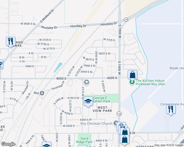 map of restaurants, bars, coffee shops, grocery stores, and more near 3971 2075 West Street in Roy