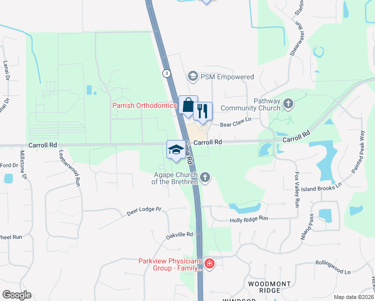 map of restaurants, bars, coffee shops, grocery stores, and more near 11881 Lima Road in Fort Wayne
