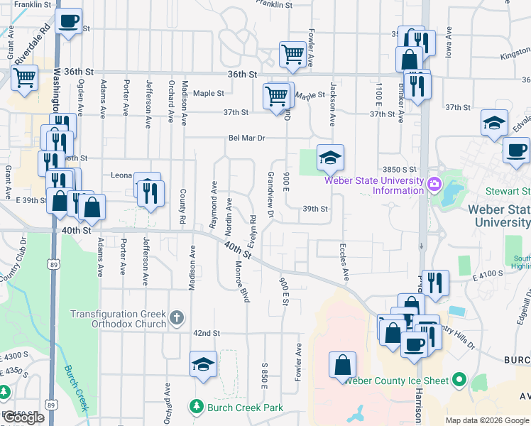 map of restaurants, bars, coffee shops, grocery stores, and more near 3871 Grandview Drive in Ogden