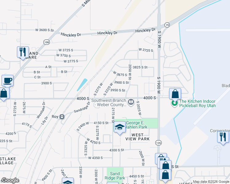 map of restaurants, bars, coffee shops, grocery stores, and more near 2135 3950 South Street in Roy