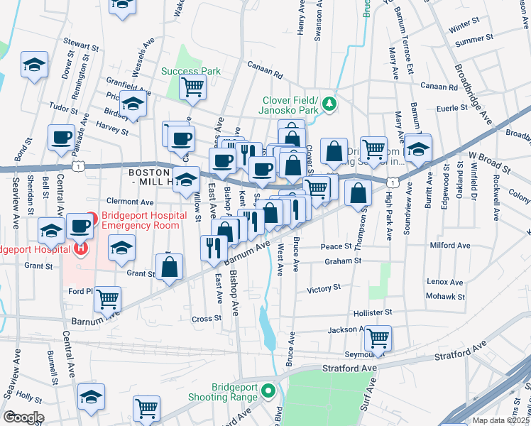 map of restaurants, bars, coffee shops, grocery stores, and more near 100 Sage Avenue in Bridgeport