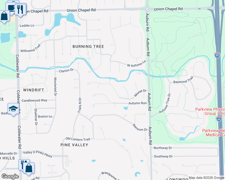 map of restaurants, bars, coffee shops, grocery stores, and more near 1818 Monet Drive in Fort Wayne