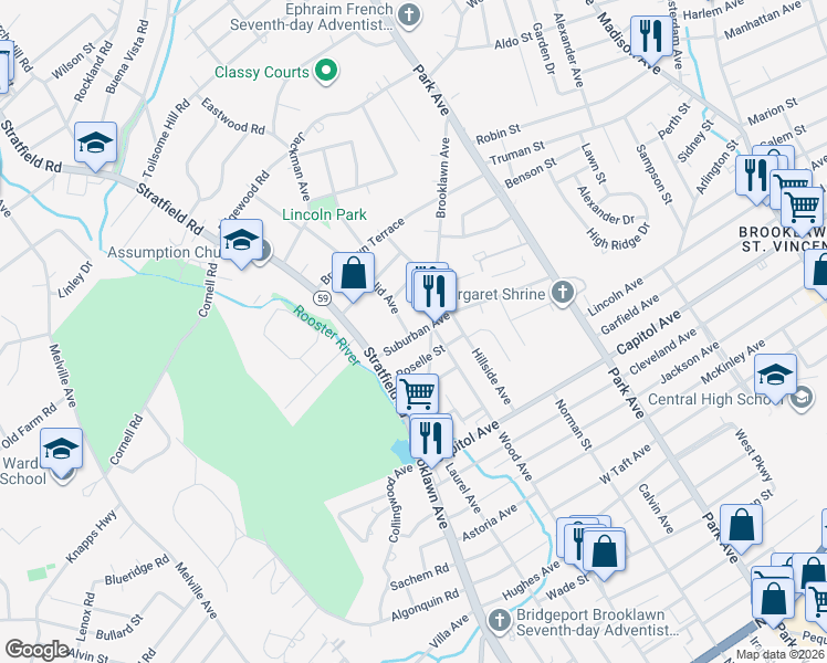 map of restaurants, bars, coffee shops, grocery stores, and more near 21 Euclid Avenue in Fairfield