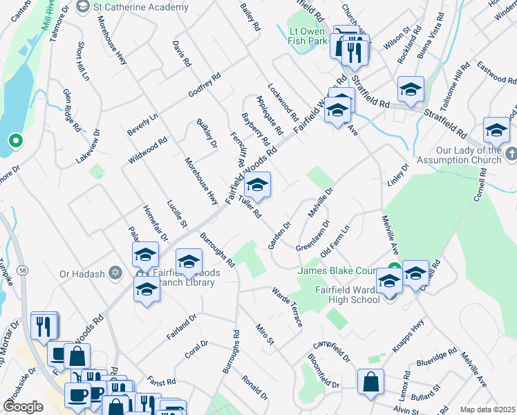 map of restaurants, bars, coffee shops, grocery stores, and more near 144 Tuller Road in Fairfield