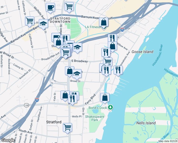 map of restaurants, bars, coffee shops, grocery stores, and more near 2252 Elm Street in Stratford