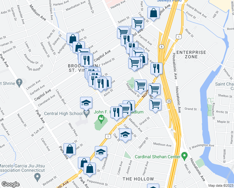 map of restaurants, bars, coffee shops, grocery stores, and more near 126 Beers Street in Bridgeport