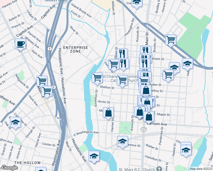 map of restaurants, bars, coffee shops, grocery stores, and more near 143 Shelton Street in Bridgeport