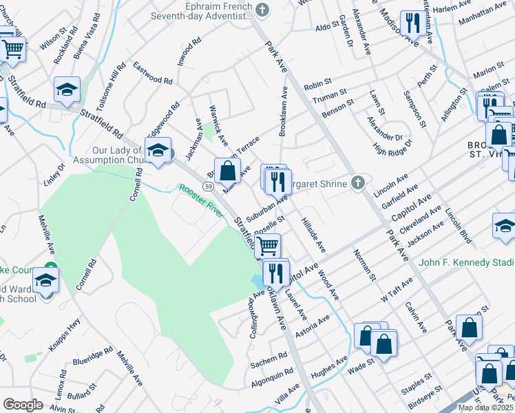 map of restaurants, bars, coffee shops, grocery stores, and more near 21 Euclid Avenue in Fairfield