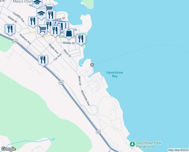 map of restaurants, bars, coffee shops, grocery stores, and more near 5 Edge Water Lane in Haverstraw