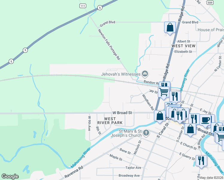 map of restaurants, bars, coffee shops, grocery stores, and more near 53 Eagle Point Drive in Newton Falls