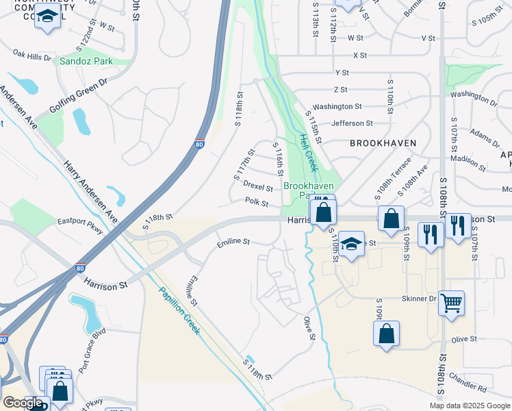 map of restaurants, bars, coffee shops, grocery stores, and more near 11631 Polk Street in Omaha