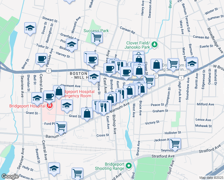 map of restaurants, bars, coffee shops, grocery stores, and more near 400 East Avenue in Bridgeport