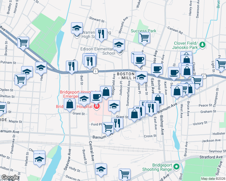 map of restaurants, bars, coffee shops, grocery stores, and more near 343 Ridgefield Avenue in Bridgeport