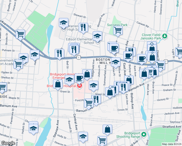 map of restaurants, bars, coffee shops, grocery stores, and more near 343 Ridgefield Avenue in Bridgeport