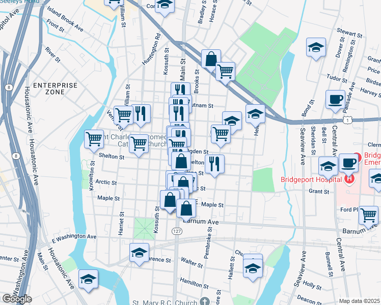 map of restaurants, bars, coffee shops, grocery stores, and more near 547 Ogden Street in Bridgeport
