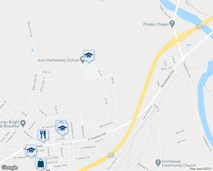 map of restaurants, bars, coffee shops, grocery stores, and more near 951 3rd Street in Avis