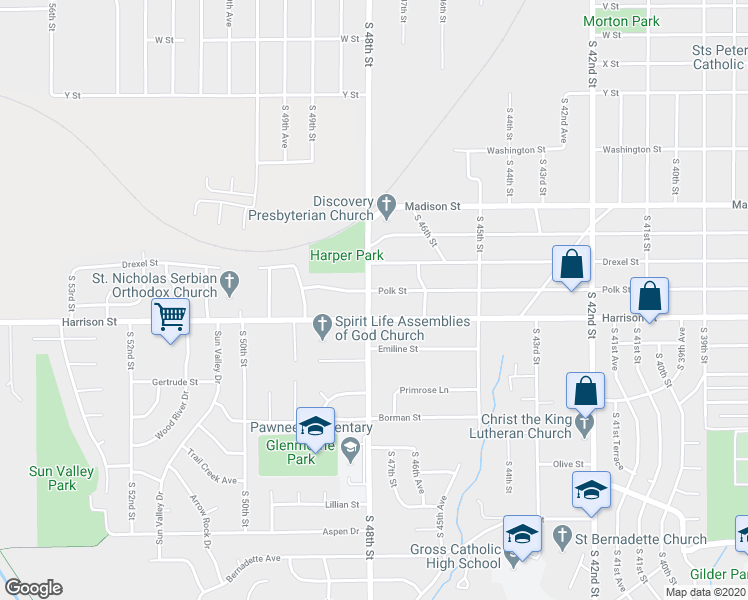 map of restaurants, bars, coffee shops, grocery stores, and more near 4679 Polk Street in Omaha