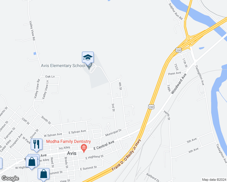 map of restaurants, bars, coffee shops, grocery stores, and more near 950 3rd Street in Avis