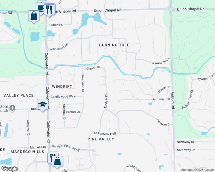 map of restaurants, bars, coffee shops, grocery stores, and more near 11514 Trails North Drive in Fort Wayne