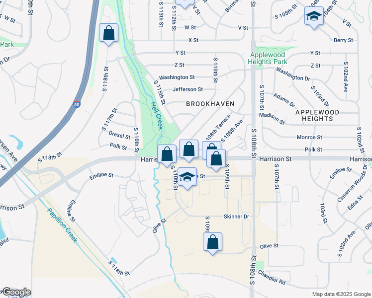 map of restaurants, bars, coffee shops, grocery stores, and more near 10899 Polk Street in Omaha