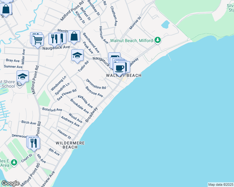 map of restaurants, bars, coffee shops, grocery stores, and more near 16 Stowe Avenue in Milford