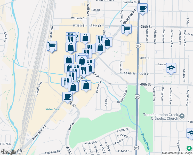 map of restaurants, bars, coffee shops, grocery stores, and more near 153 40th Street in South Ogden