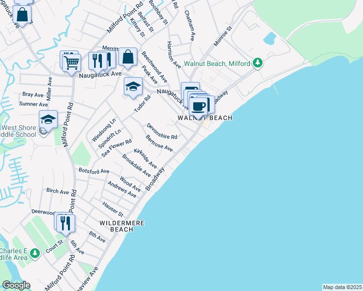 map of restaurants, bars, coffee shops, grocery stores, and more near 77 East Broadway in Milford