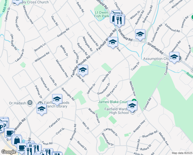 map of restaurants, bars, coffee shops, grocery stores, and more near 26 Garden Drive in Fairfield