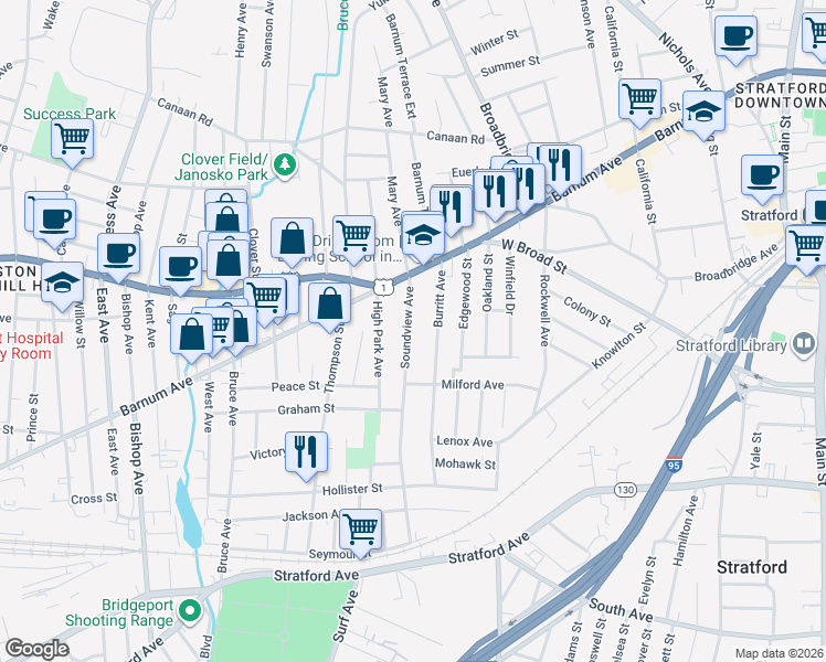map of restaurants, bars, coffee shops, grocery stores, and more near 448 Soundview Avenue in Stratford
