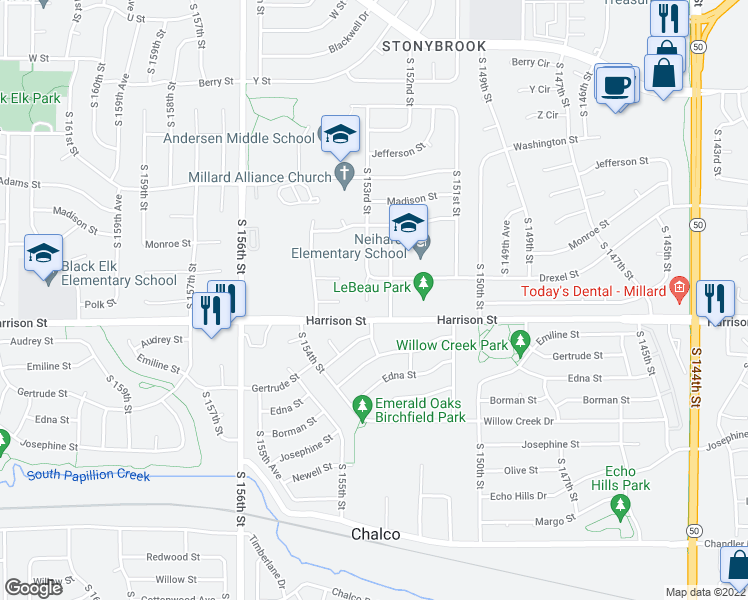 map of restaurants, bars, coffee shops, grocery stores, and more near 6727 South 153rd Circle in Omaha